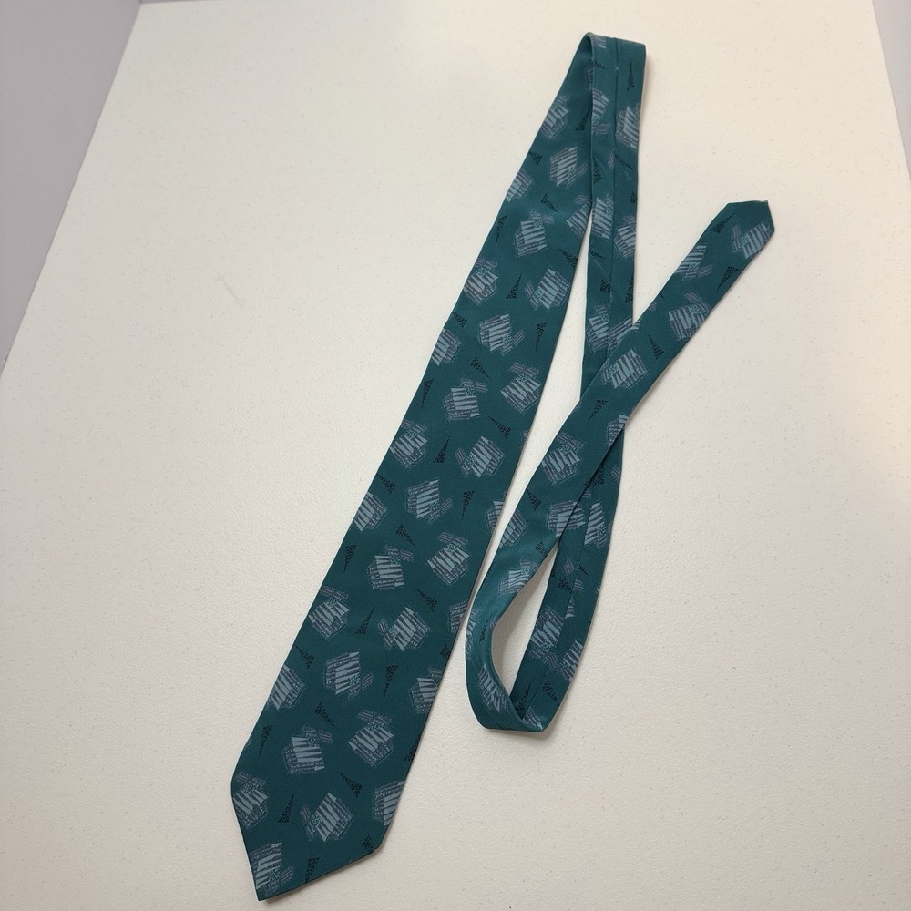 Men's 100% Silk Woven Geometric Abstract Pointed Tie, Teal Gray Black